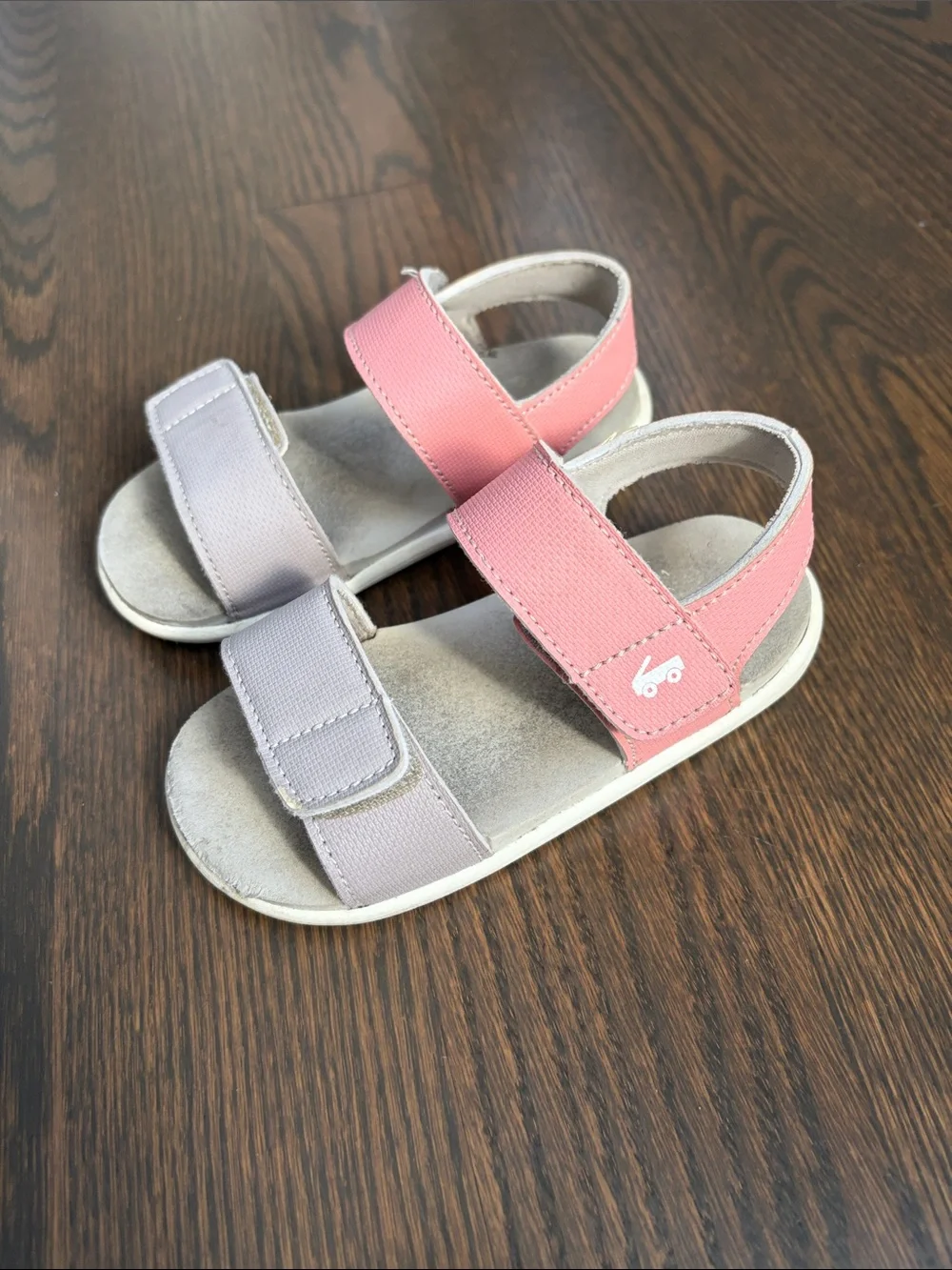 See Kai Run Pink and Light Gray Velcro Strap Sandals. Toddler 9